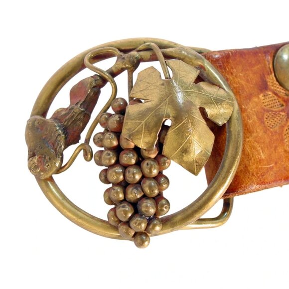 VINTAGE Handmade Signed Grapes and Vine Brass Buckle Wide Leather Belt M/L - Picture 5 of 6
